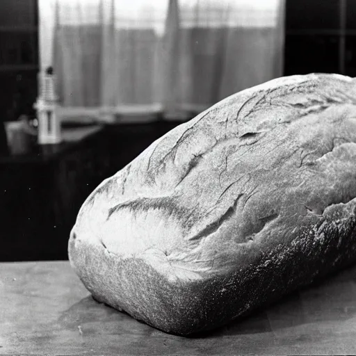 Prompt: biggest loaf of bread in history, old black and white photo