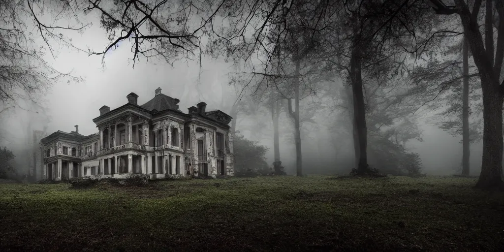 Image similar to a haunted old villa in the middle of an ancient forest, ominous Sky, gloomy atmosphere, cinematic, mist, High definition, 8k, ultra detailed