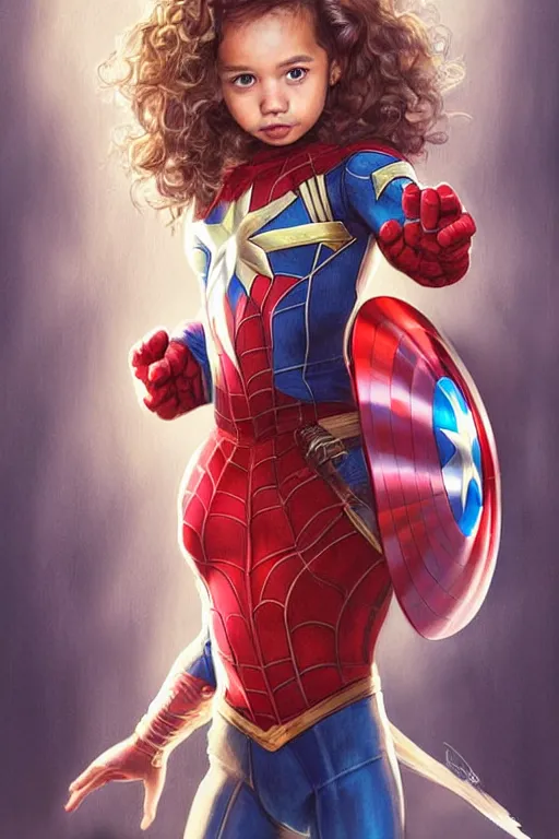 Prompt: a little girl with a mischievous face and light brown curly wavy hair. she is dressed as captain america, spider - man, batman, captain marvel, a superhero. clean elegant painting, beautiful detailed face. by artgerm and steve ditko