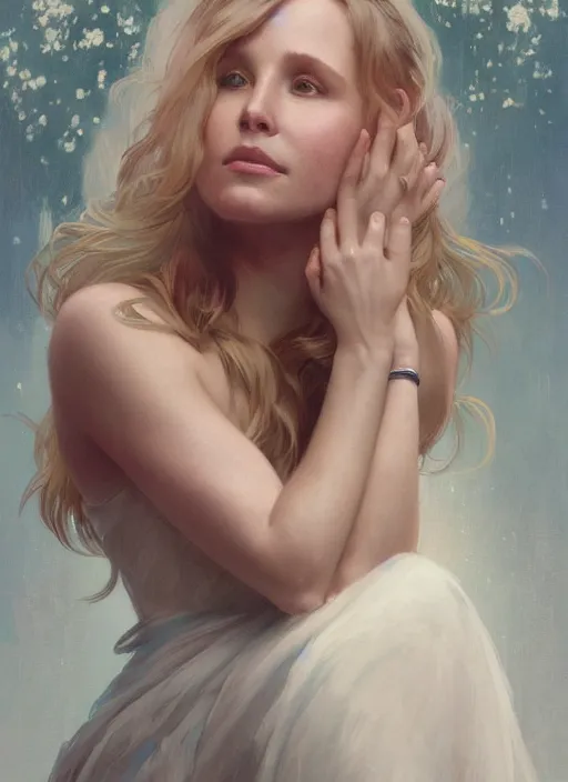 Image similar to beautiful portrait of chonky kristen bell, soft features, by magali villeneuve and greg rutkowski and artgerm and alphonse mucha and jeremy lipkin and rob hay, intricate, elegant, highly detailed, photorealistic, trending on artstation, trending on cgsociety, 8 k, sharp focus