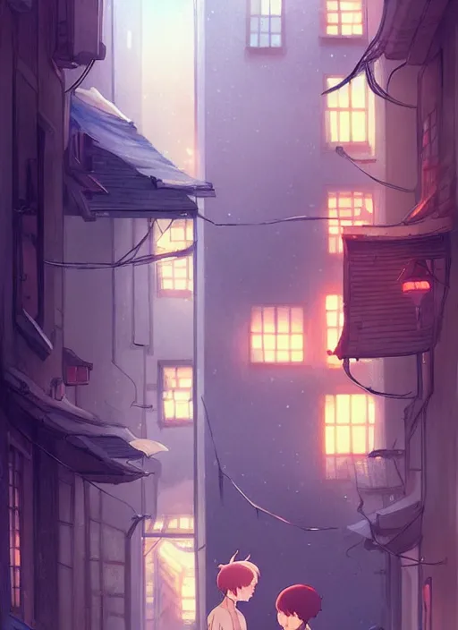 Image similar to boy kiss girl from a window where vine around. sad night, narrow street. illustration concept art anime key visual trending pixiv fanbox by wlop and greg rutkowski and makoto shinkai and studio ghibli