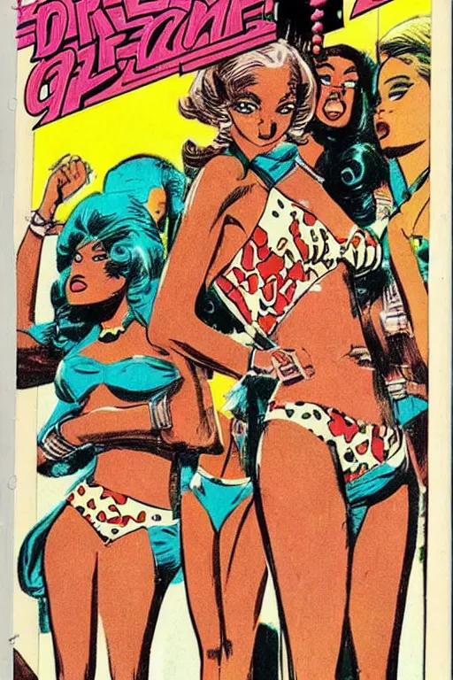 Prompt: !dream african bikini girls drawn by Jack Kirby, vintage 70s comic cover