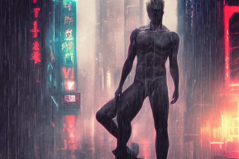 Image similar to roy batty with a bare torso sits in the lotus position with his head bowed in the rain on the roof of a building in the cyberpunk future, around neon signs, a little haze, night, realistic proportions, anime style ghost in armor