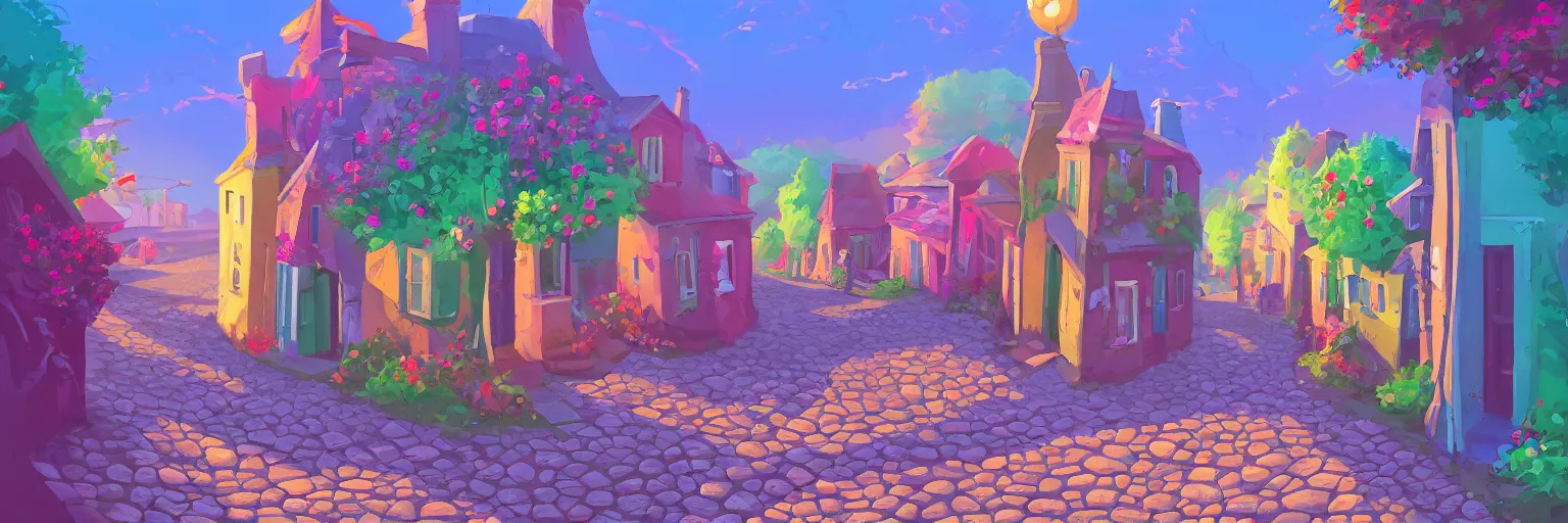 Image similar to a lonely cobblestone street with flowers on a hill with colorful houses near the beach and the sea, brightly illuminated by rays of sun, artstation, colorful sylvain sarrailh illustration, day of the tentacle style