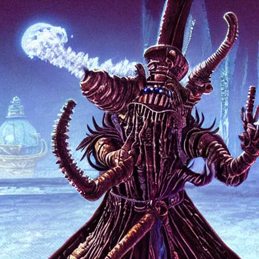 Image similar to Artwork by Tim White of The Chitine King Hian the Demigod, master of Ice, and their hateful haunting of steam mephits and horrifying balors, who plan to take revenge on the party for a perceived wrong done to them long ago.