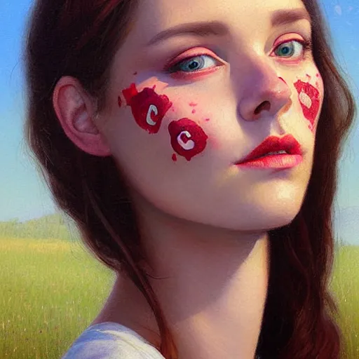 Image similar to Facial portrait of a pretty cottagecore girl, looking at the camera, slight awkward smile, lips slightly parted, no hands visible, extremely detailed painting by Greg Rutkowski and by Steve Henderson and by Harumi Hironaka