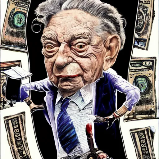 Image similar to George Soros full body shot, dollar bills Body horror, biopunk, by Ralph Steadman, Francis Bacon, Hunter S Thompson