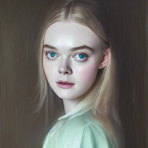 Prompt: portrait of a elle fanning surrounded by green bioluminescent glowing rods of radiation, detailed realism face in painting, detailed beautiful portrait, oil painting masterpiece, 8 k resolution, smooth, sharp focus, trending on artstation, by rembrandt