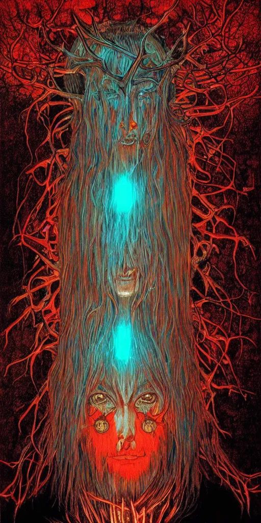 Prompt: intense glowing black metal pagan god with antlers and veins and intense glowing eyes in very dark forest by shintaro kago and beksinski and alphonse mucha, portrait, fantasy, clear, red and teal and yellow, light beams, lens flare, intense, uhd, amazing depth, cinematic lighting