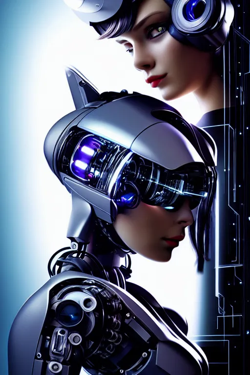 Image similar to cybernetic high tech catgirl with a cat on her head, sci - fi, cyberpunk, futurism, exoskeleton, strong artificial intelligence, symmetry, cinematic, elegant, luxury, professional studio light, perfect composition, dlsr photography, sharp focus, 8 k, ultra hd, sense of awe, highly detailed, hyper realistic, intricate, science journal cover