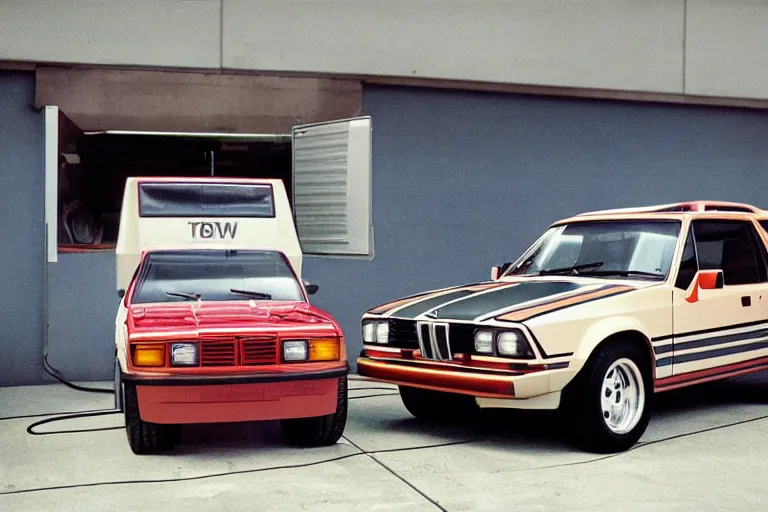 Image similar to A single 1985 wagon estate Bronco Vector W8 Twin Turbo 911!!! BMW M1 inside of a car wash, ektachrome photograph, volumetric lighting, f8 aperture, cinematic Eastman 5384 film