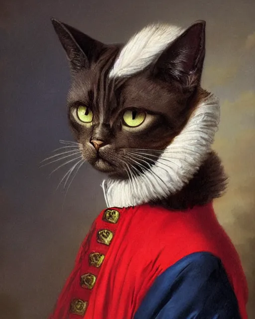 Prompt: portrait of cute dark brown cat with serious expression wearing 1 8 th century royal guard uniform in navy blue and red, joseph ducreux, greg rutkowski, regal, royal, princely, painting