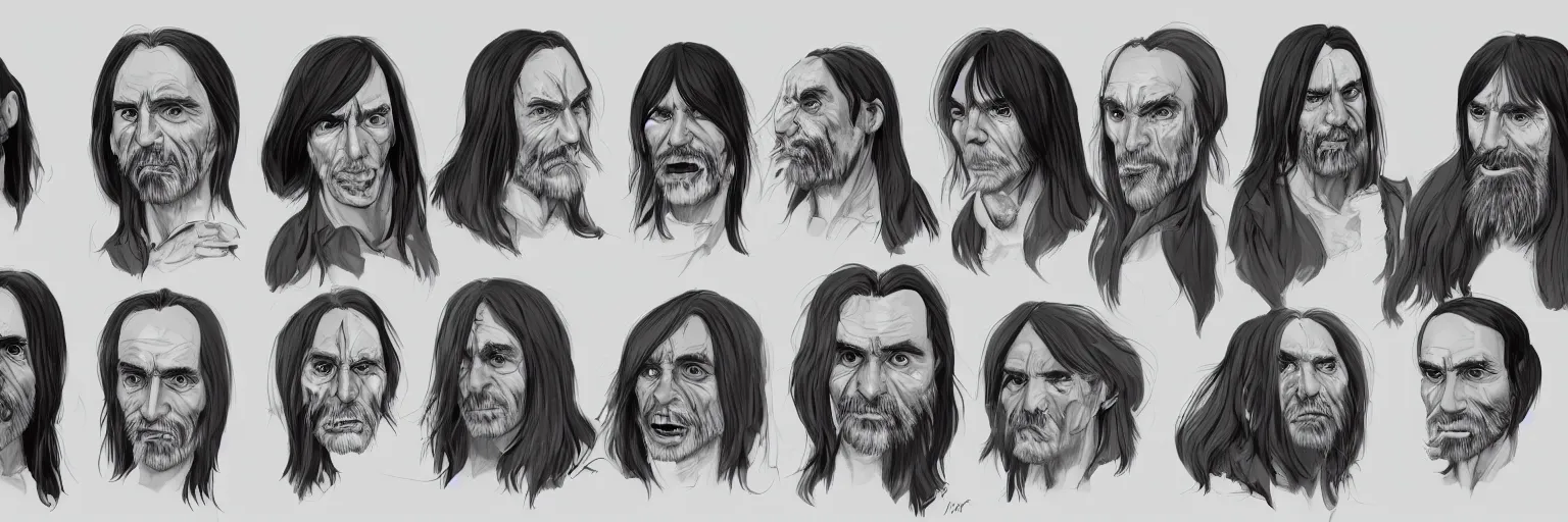 Image similar to character study of charles manson and iggy pop, clear faces, wild, crazy, character sheet, fine details, concept design, contrast, kim jung gi, pixar and da vinci, trending on artstation, 8 k, full body and head, turnaround, front view, back view, ultra wide angle