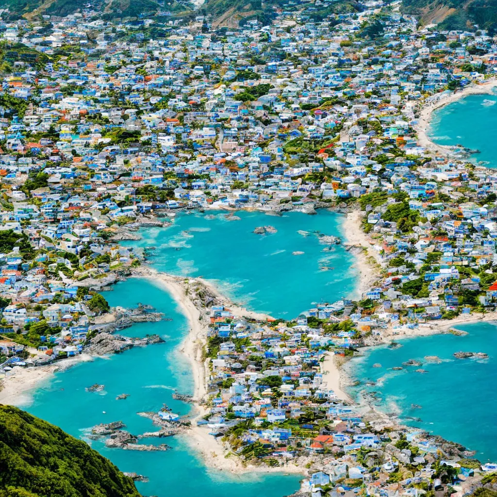 Image similar to down angled view of an anime town, ocean, town, beach, hills