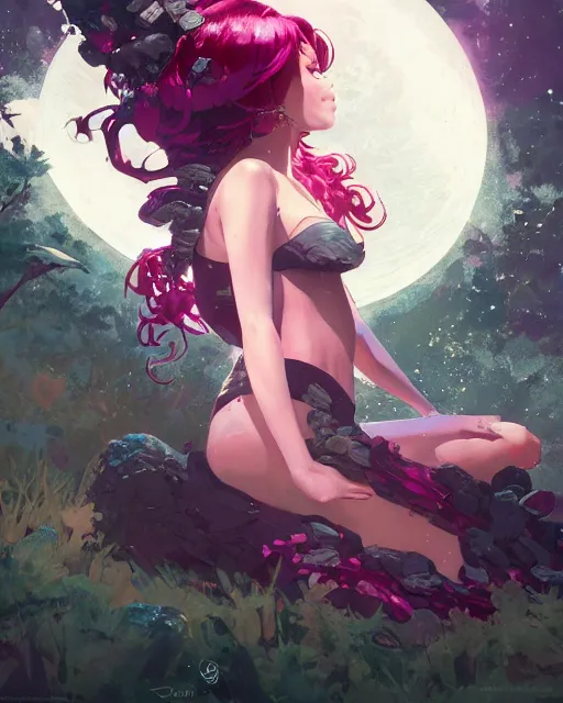 Image similar to a highly detailed image of A beautiful woman basking in the moonlight, with medium length magenta hair, and a tall tree, and large obsidian crystals, cinematic lighting, dramatic atmosphere, by Dustin Nguyen, Akihiko Yoshida, Greg Tocchini, Greg Rutkowski, Cliff Chiang, 4k resolution, trending on artstation