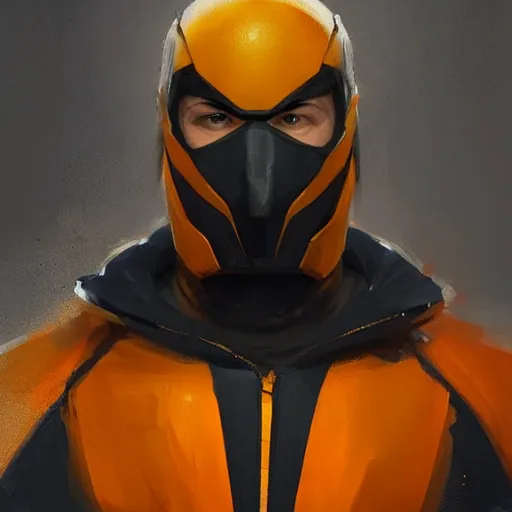 Image similar to portrait of a superhero by greg rutkowski, he looks like joseph quinn, he is wearing a black, orange and yellow kevlar gear with a mask, highly detailed portrait, digital painting, artstation, concept art, smooth, sharp foccus ilustration, artstation hq