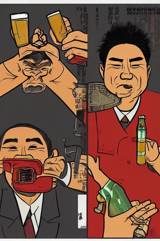 Prompt: worker revolution drinking beer and fried chicken through his head, wang guangyi and yu zhenli art style, higly detailed