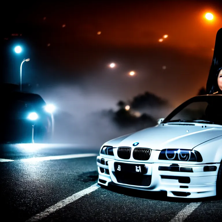 Image similar to close-up-photo Woman Driver standing against her car, BMW E36 turbo illegal meet, work-wheels, Gunma prefecture, misty at night, cinematic color, photorealistic, high detailed deep dish wheels, highly detailed, custom headlights, subtle neon underlighting