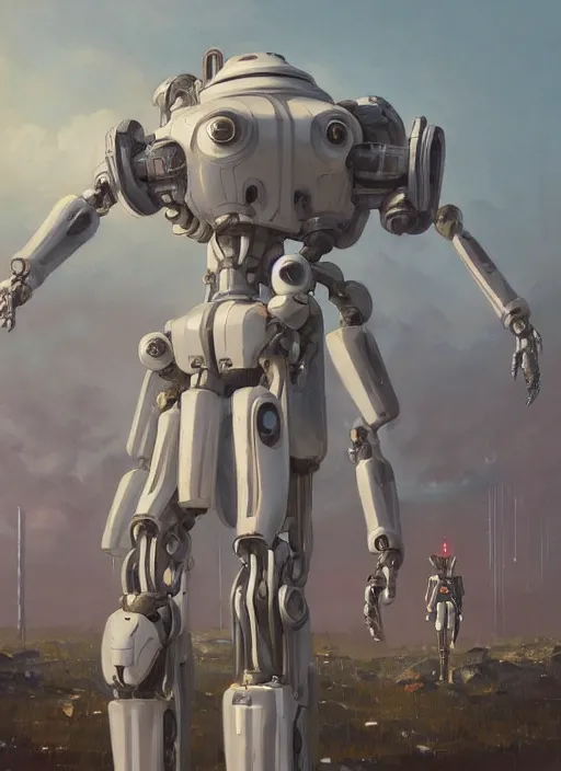 Prompt: an intricate oil painting of a giant pristine white humanoid feminine figure mecha with rounded components by simon stalenhag, inspired by nier : automata, clean white lab background