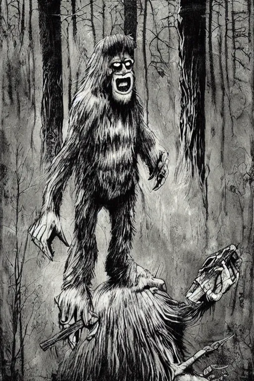 Image similar to mad bigfoot screaming in the woods artwork by ben templesmith