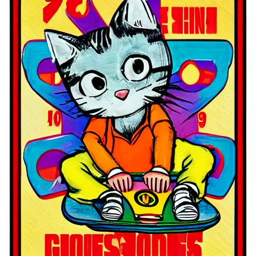 Image similar to 9 0's, 1 9 9 0 s style poster with a cat riding on a skateboard giving a peace sign ✌