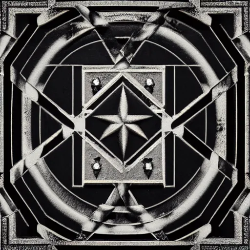 Prompt: a dark desaturated photograph of a military insignia with three interlocking diamonds, red central geometric shape, glossy black liquid latex, asphalt and metal, intricate black metal logo, designed by helmut lang and junya watanabe, asymmetrical cinematic composition, 8k hyperrealistic, hyper-detailed, 10mm camera, highly textured, dark volumetric lighting, fine details, muted, octane render — h 768