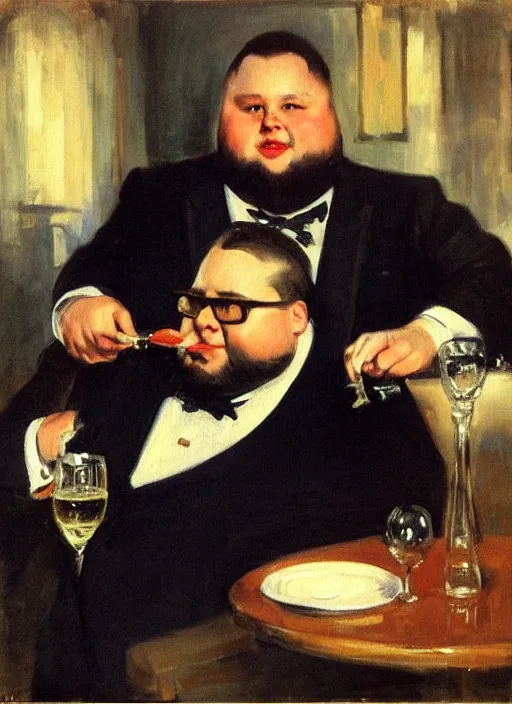 Prompt: oil painting by anders zorn of a fat guy with glasses, short beard, odd haircut and a glass of champagne, in classic suit in a bar setting, dimly lights, afternoon tea, a very interesting and intellectual person