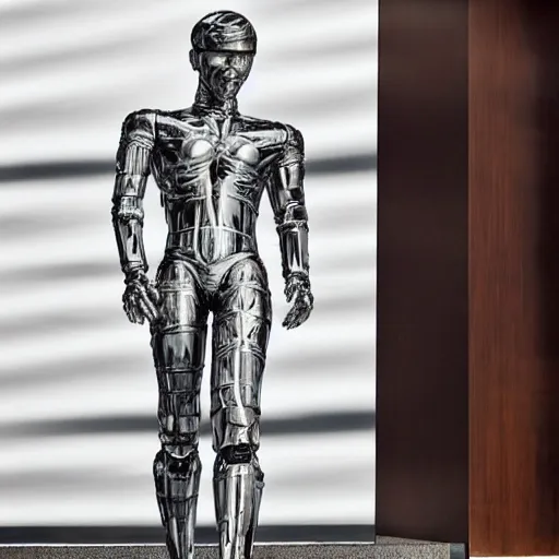 Image similar to made of ice, a realistic detailed photo of a guy who is an attractive humanoid who is half robot and half humanoid, who is a male android, on display, blank stare, showing off his muscles, shiny skin, posing like a statue, by the pool, frozen ice statue, twitch streamer / gamer ludwig, humanoid robot