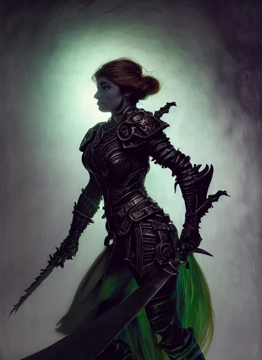 Image similar to side portrait, imogen poots, deathknight, black armor, gloomhaven, soft, smooth, luminescent, haunting, pale green backlit glow, evil inky swirly ripples, sickly colors, 8 k, by mucha, greg rutkowski, jesper ejsing, rhads, ilya kuvshinov, cushart krenz