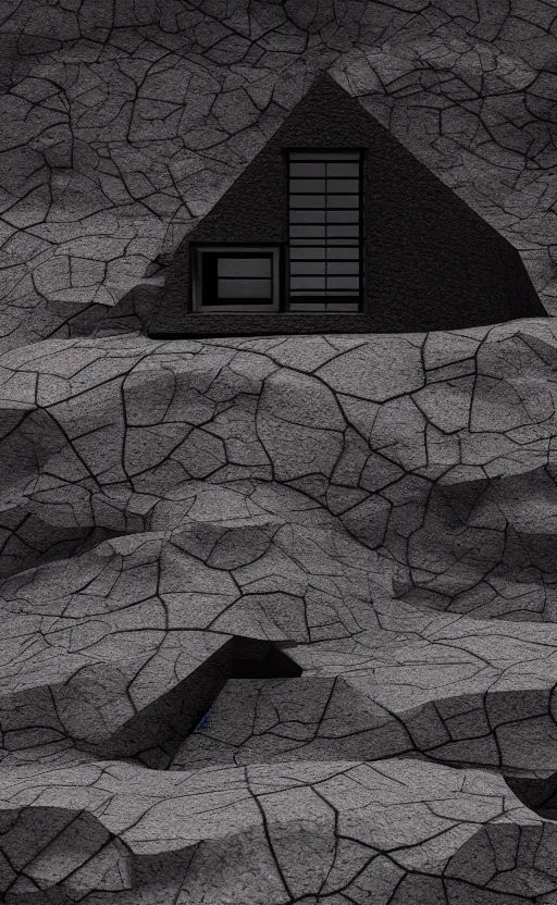 Image similar to tall black geometric house, embedded in lava cliff, full view, black house, molten metal house, minimal, rippled white landscape, dwarven architecture, light from molten iron, octane render, hyper realistic, 8 k, octane render,