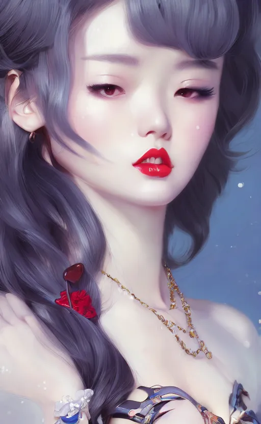 Image similar to a pin up and beautiful fashion charming dreamlke korea girl with lv jewelry, character art, art by artgerm lau and kyoung hwan kim and and ilya kuvshinov and john singer sargent, hyperdetailed, 8 k realistic, symmetrical, frostbite 3 engine, cryengine, dof, trending on artstation, digital art