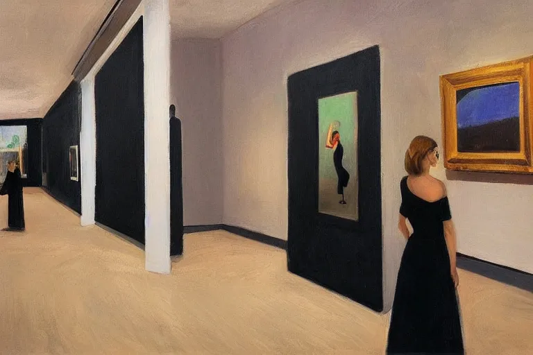 Image similar to a gorgeous woman with a black dress waiting inside a 9 0 s art gallery exhibition, colors americana, cinematic, volumetric lighting, ultra wide angle view, realistic, detailed painting in the style of edward hopper