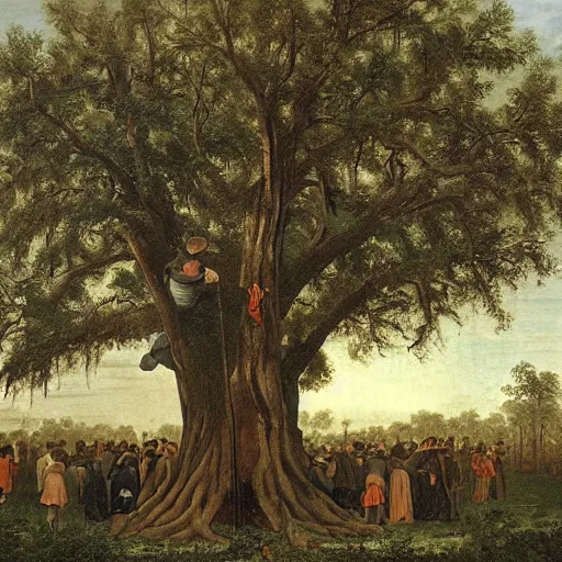 Image similar to huge tree with a lot of hanging bodies, southern gothic art, 1 9 th century scene, painted by friedrich caspar david