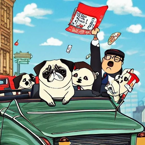 Image similar to important president pug dog in a convertible parade, expensive suits, Nintendo game art, Hayao Miyazaki, intricate detail, illustration, beautiful lighting,