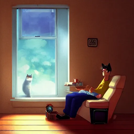 Prompt: cat exists next to a man. in a room exist the cat and the man. in the room the man sits on a chair. digital art. artstation. realistic. vibrant. illustration. in the style of pixar movie. octane render. art by makoto shinkai, stanley artgerm lau, wlop, rossdraws. volumetric lighting.