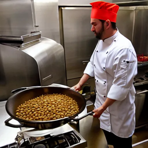 Image similar to karlos arguinano wearing a chef's hat cooking some lentils in hell