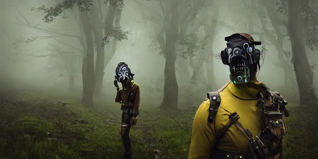 Prompt: a beautifully strange image of a gamekeeper wearing a dieselpunk mechanical fluorescent mystical animal mask. walking in the misty mountains. in style of fornite game. award winning. dramatic. trending on artstation. high quality. rendered by beeple, digital art, unreal engine 5, fornite game. octane render