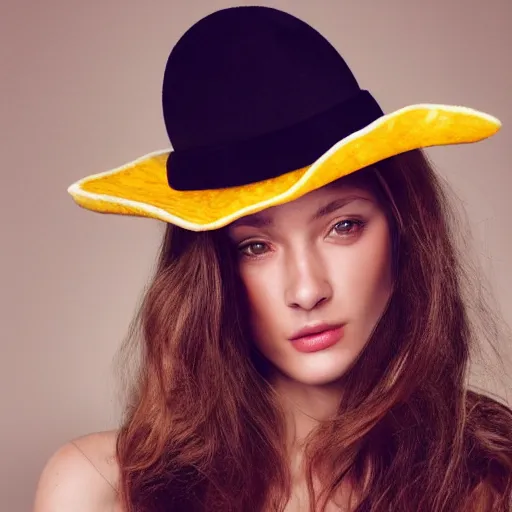 Image similar to a realistic supermodel is gazing into the camera wearing a hat that looks like a cheeseburger, she looks beautiful, the photo is award winning, studio lighting, magazine quality
