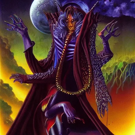 Prompt: Vampire traveling through a beautiful psychedelic world, illustrated by Jim Burns