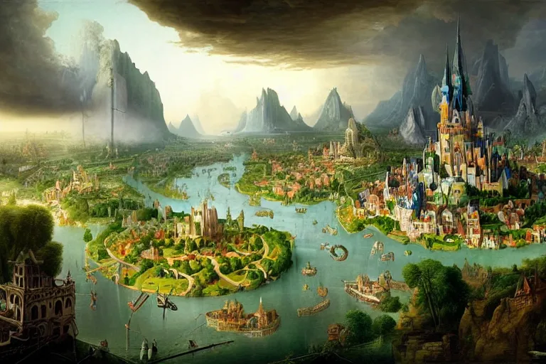 Image similar to a beautiful complex insanely detailed matte painting of a magical city on the river Styx by Heironymous Bosch and Bernardo Bellotto and Tyler Edlin and James Gurney