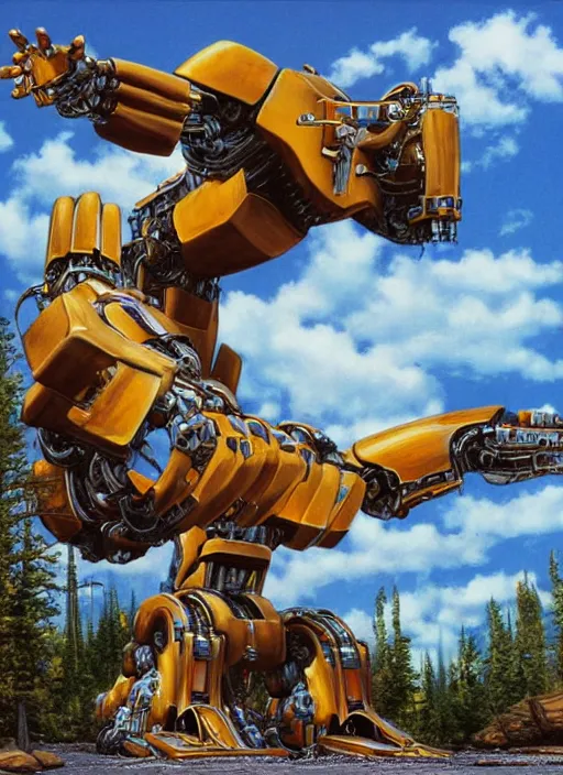 Image similar to realistic physically based rendering of a giant mechanical robot at yellowstone national park by jack kirby and simon bisley, epic, awesome trendy color palette, cinematic