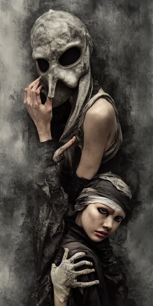 Image similar to poisonous river, plague doctor, medium shot, dark fantasy, gritty, by paolo roversi, by bastien lecouffe - deharme, by yanjun chen, by makoto shinkai