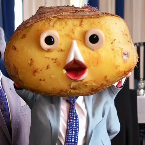 Image similar to a baked potato running for president, wearing a presidential suit and tie, press conference