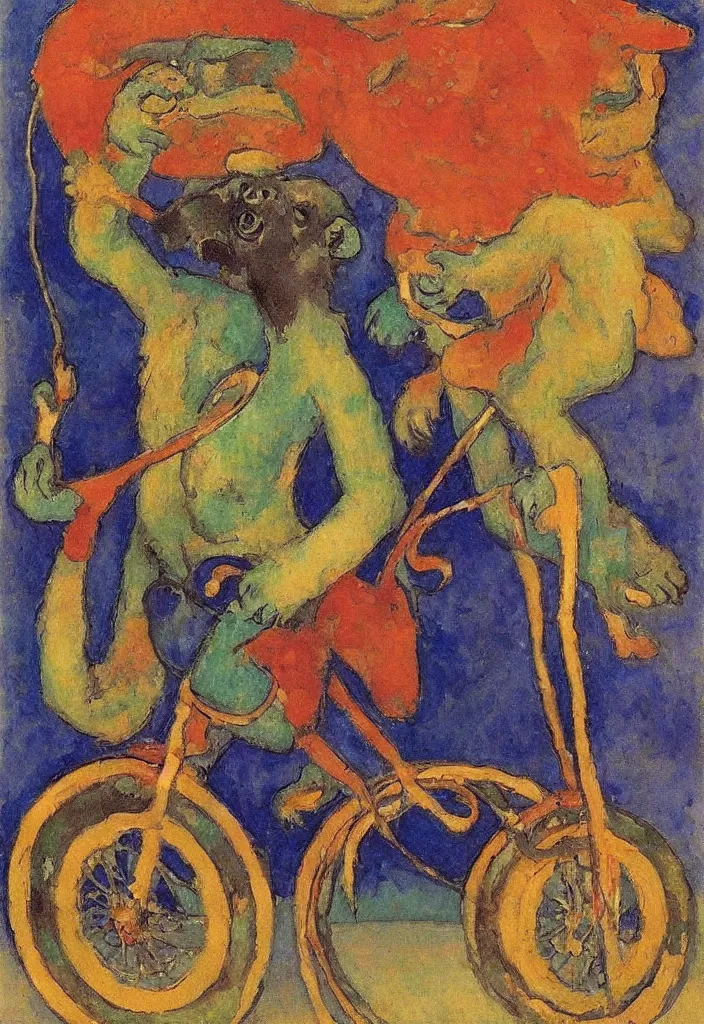 Prompt: a monkey riding a unicycle, Gustav Klimpt, color painterly