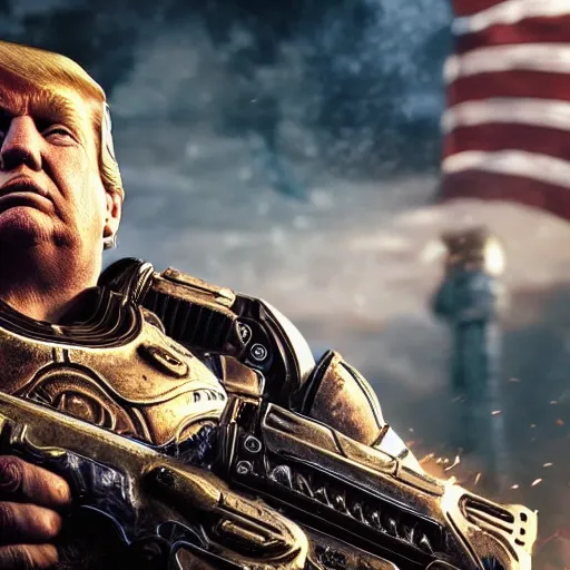 Image similar to photo portrait of donald trumpwith cigar as god emperor in gears of war, splash art, movie still, detailed face, photorealistic facial features, cinematic lighting, dramatic, octane render, long lens, shallow depth of field, bokeh, anamorphic lens flare, 8 k, hyper detailed, 3 5 mm film grain