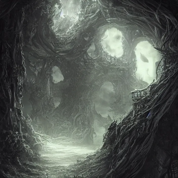 Prompt: gazing into the ominous dark etherial gate to the pitch black void, dark midnight, quiet and serene atmosphere, deviantart, concept art, intricate high detail masterpiece