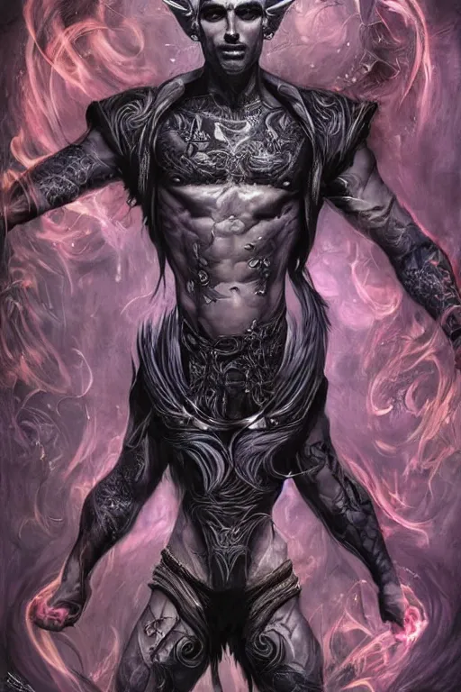 Prompt: Portrait of frontal standing pose torso of a very attractive man heavily all his skin is covered by BIKER tattoos, surrounded by magic lightings overlays, Intricate, concept art, magic lighting overlays, magical portal opened, D&D!, fantasy style, sharp focus!, ultra detailed, art by Artgerm and Peter Andrew Jones, WLUP, Magali Villeneuve