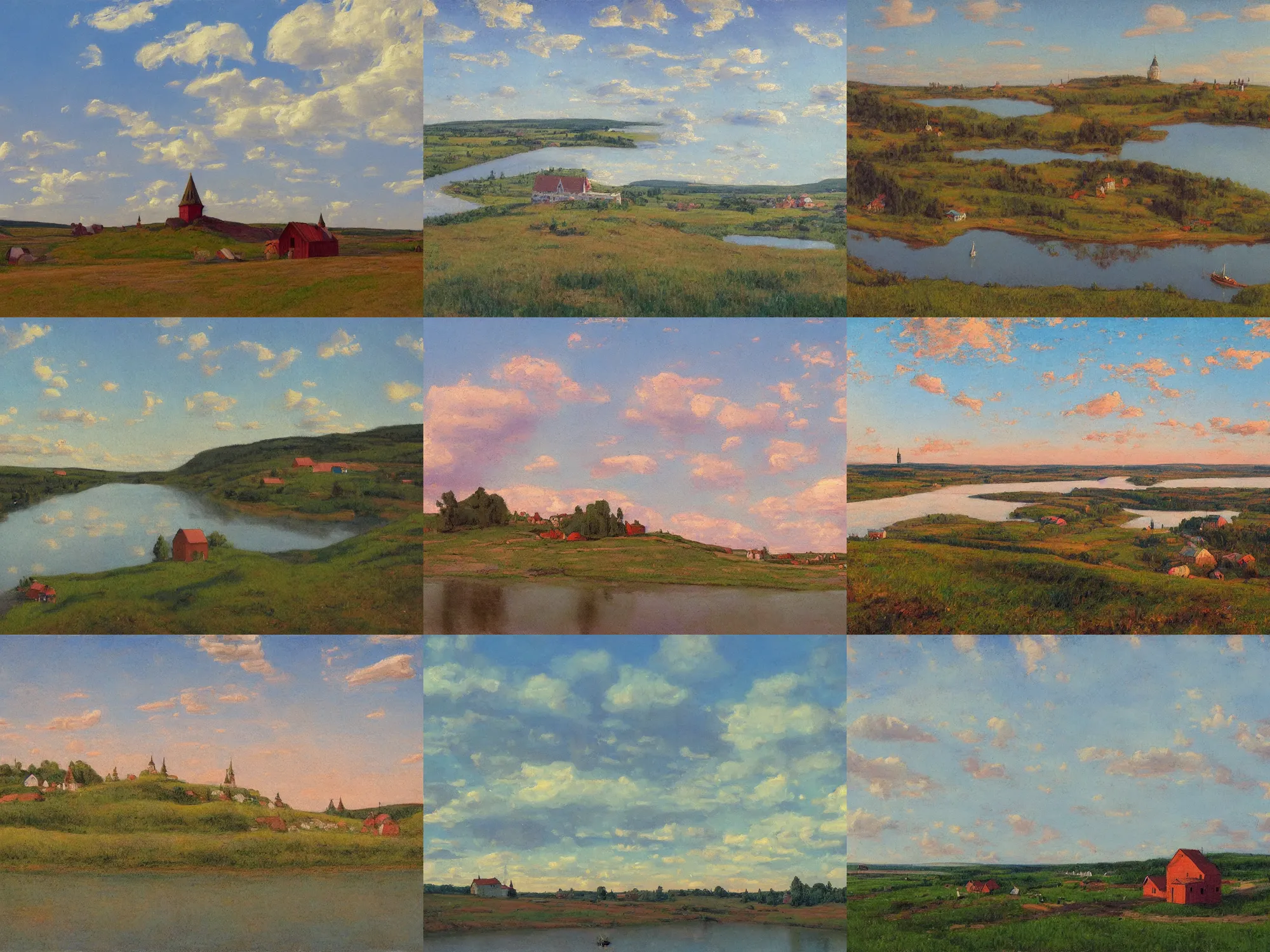 Prompt: academic russian painting, wide river and tiny house on the top of the hill, epic wide sky and horzon, pastel colors, ultra view angle view, 'Nad vechnim pokoem' painting in the style of isaac levitan and georgy nissky, T Allen Lawson and Ian Fisher, sidney richard percy