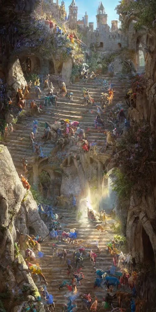 Image similar to a herd of goats!! climbing stairs in a beautiful fantasy castle, medieval city, citadel, magic, tall towers, murals, many goats, sunlight, vivid colors, god rays, digital art, landscape, fantasy art, octane render, unreal engine, high detail, very realistic, by greg rutkowski. by james gurney