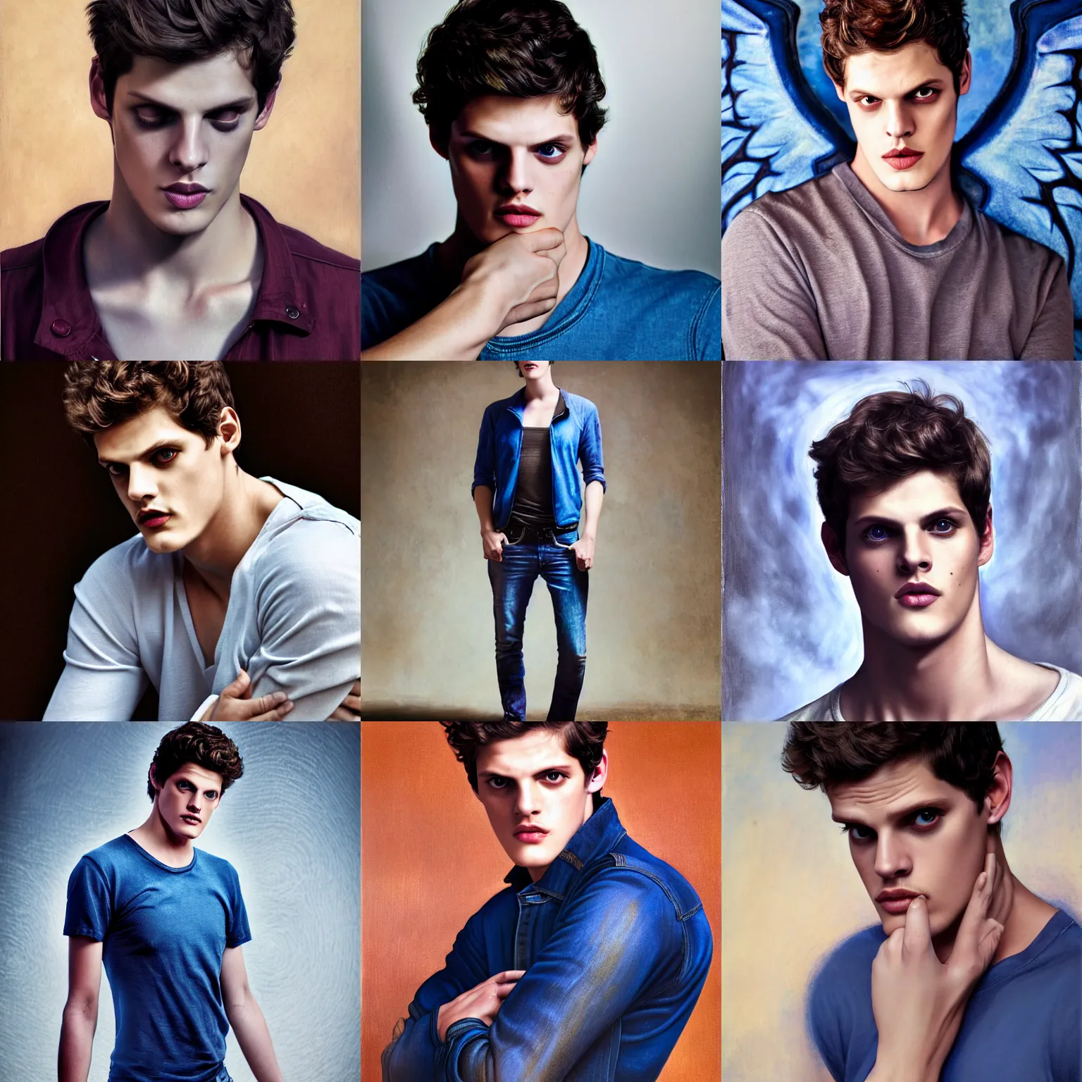 Prompt: wide angle full body portrait of Daniel Sharman with blue devil wings and jeans, dramatic photography, dramatic facial expression, tears, hand on his cheek, soft skin, soft blush, intricate, ethereal, highly detailed, high resolution, 8K resolution, sharp focus, Unreal engine 5, smooth, art by J. C. Leyendecker